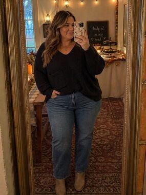 Ashley Stewart Size 2X Black Acrylic Deep V-Neck Knit Sweater Neutral Fall NWT